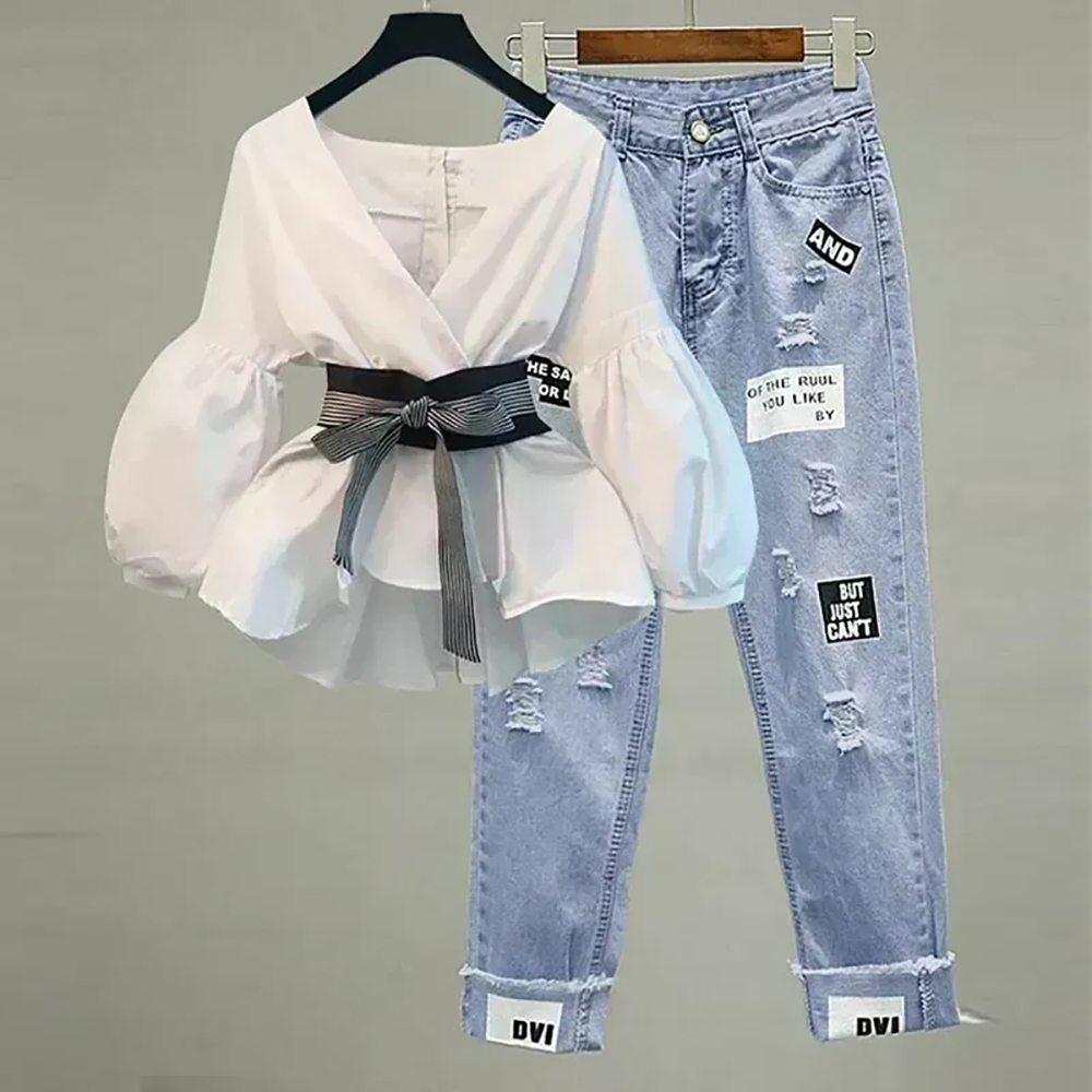 Street Fashion Korean - Women Elegant V-Neck Stripe Lantern Sleeve