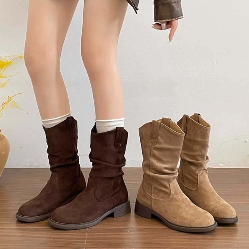 Street Fashion Female - Vintage Thick Heel Pleated Women Western
